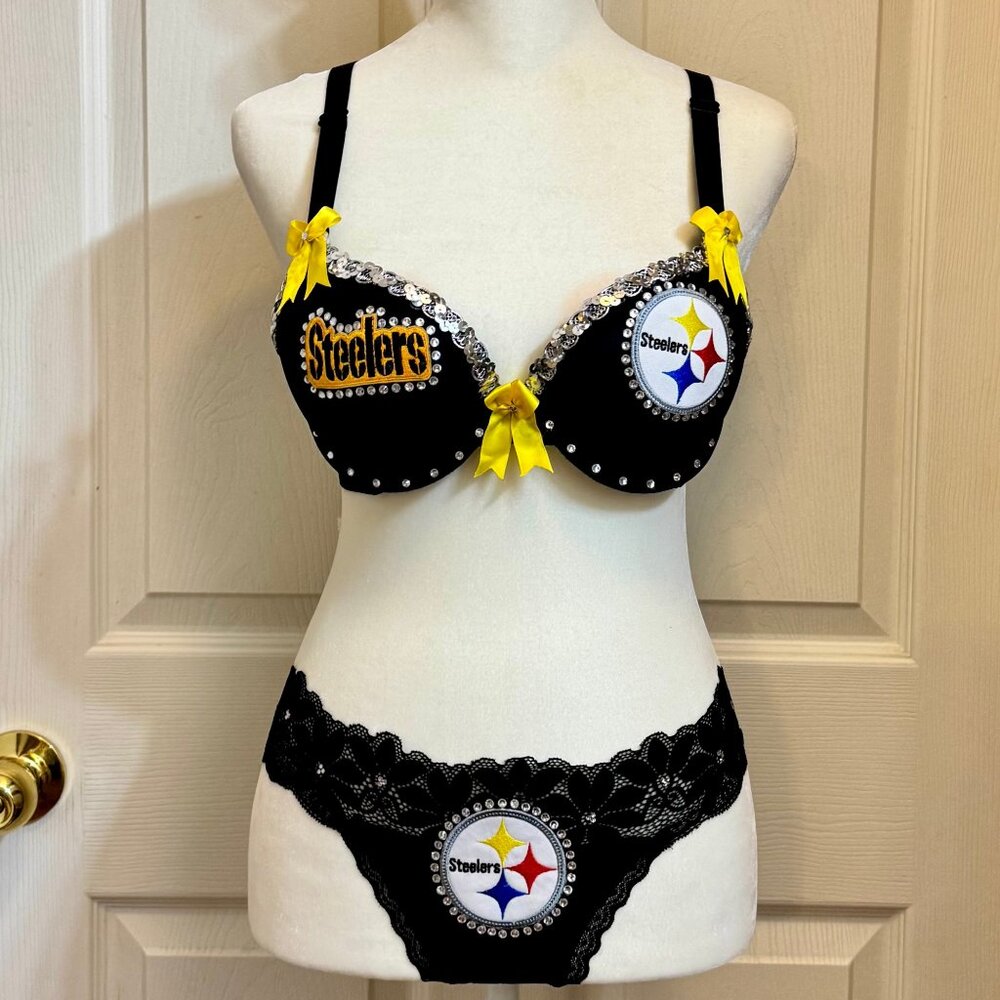 Stealers Black Yellow Padded Bra Panty Set Sexy Lingerie Size Small 34A/B